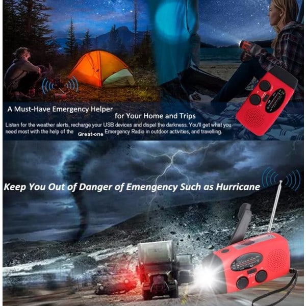 Musta käsikäyttöinen radio aurinkokennoilla, taskulampulla ja 2000mAh Powerbank hätäradio, Survival Black