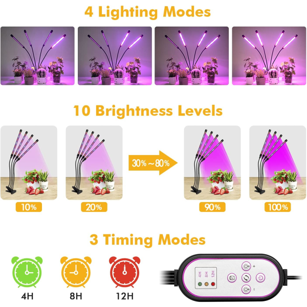Växtlampor för inomhusväxter, 80 LED Full Spectrum LED-växtlampa, lampa med timer