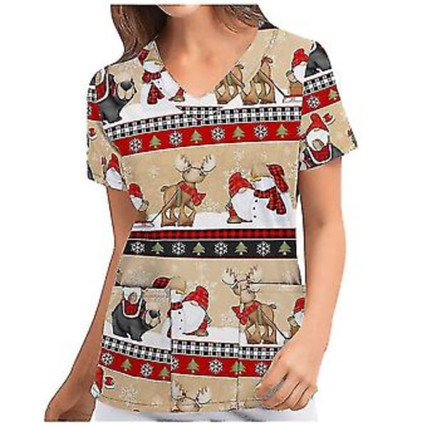 Juletrøje til kvinder - Sygeplejerskeuniform med korte ærmer, V-hals, julebluser, top (XL Brun)