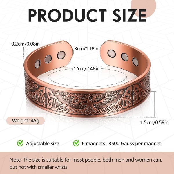 REMAKE Kobber Magnetisk Armbånd Til Mænd Kvinder Kobber Armbånd Solid Manschet Armbånd Med 6 Magneter Rød Kobber Magnet Energi Armbånd Justerbar Størrelse...