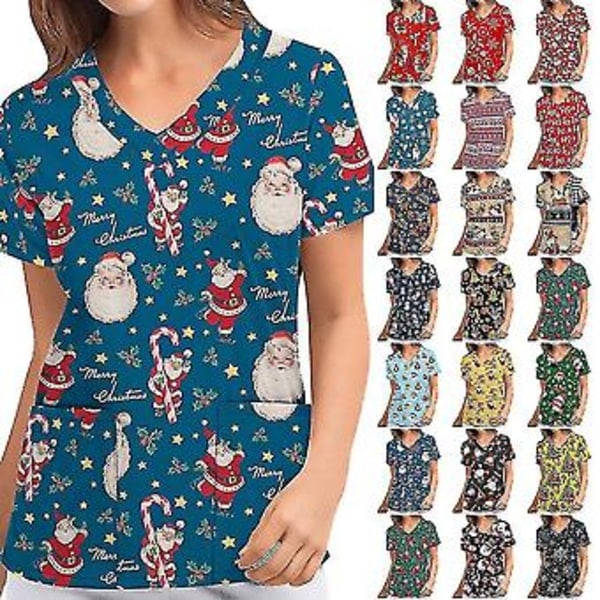 Damernas Julskjorta Sjuksköterska Uniform Kortärmad V-ringad Julblus Topp (XL Mörk Svart)