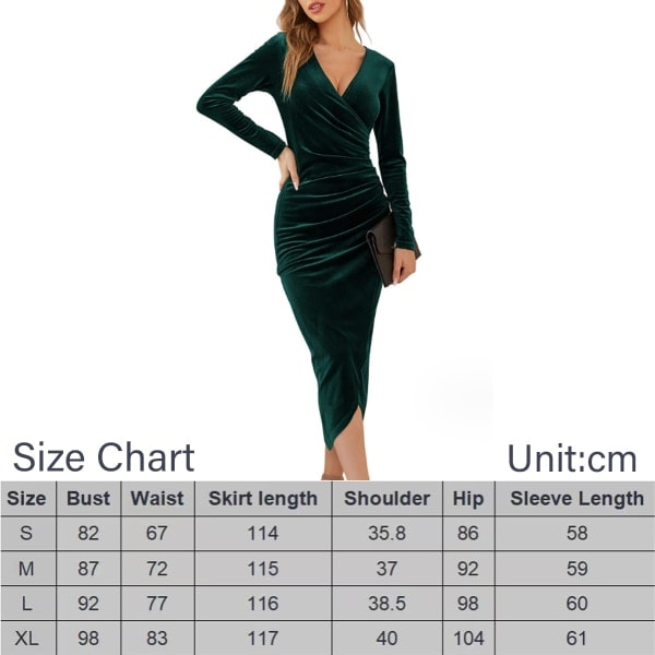 Kvinnors Jul V-ringad Långärmad Sammet Elegant Bodycon Rynkad Cocktailklänning Miniklänning (Grön)