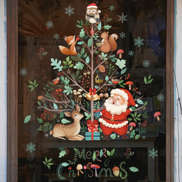 God Jul Fönsterklistermärken Julgran Älg Tomte Klistermärke Juldekorationer för Hem Navidad 2023 Julpynt Present