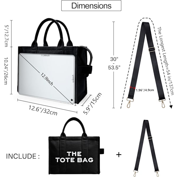 Dame Canvas Tote Bag - Tyk canvas taske med lynlås og skulderrem til arbejde, skole, rejser og shopping