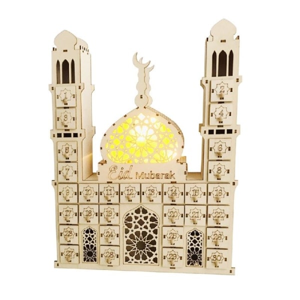 Eid Mubarak Countdown Calendar Wooden Led Candle Box Cabinet Ornament for Ramadan Holiday New Year Party Decoration