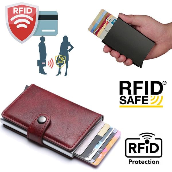 Rött RFID-skyddat plånbokskortfodral 5 kort (äkta läder) Röd