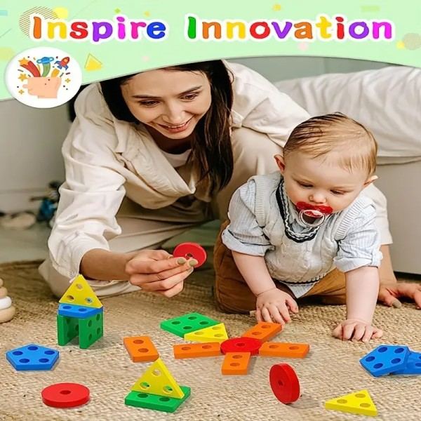 Montessori-tyylinen puinen lajittelu- ja pinoamislelu värien tunnistamiseen