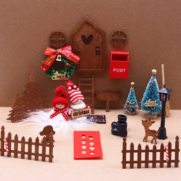 Jultomte Dörrtillbehör, Julset, Miniatyr Jultomte Dörr, Trätomte Dörrdekoration med Brevlåda Stövlar, Julgran, Staket,