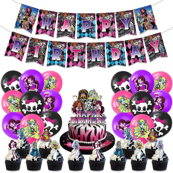 REMAKE Monster High Synttärijuhlatarvikkeet - Banneri, Ilmapallosetti ja Kakun Koristeet