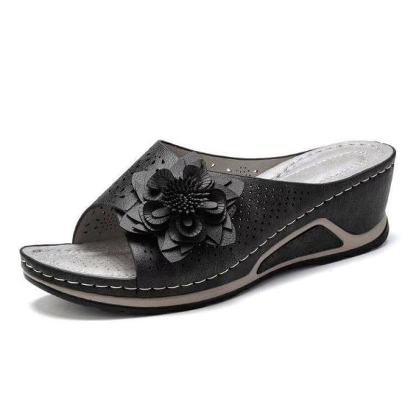 PU Leather Soft Insole Ladies Orthopedic Arch Support Sandals Hollow Wedge Flower black 35