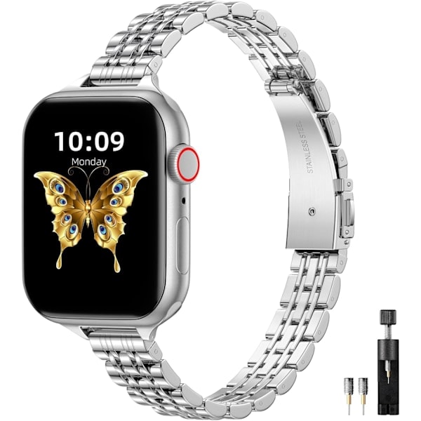 Metalliranska Apple Watch -yhteensopiva 41 mm, 40 mm ja 38 mm, säädettävissä iWatch -sarjoille 9, 8, 7, 6, 5, 4, 3, 2, 1, SE 2/1, Ultra 2/1, Hopea