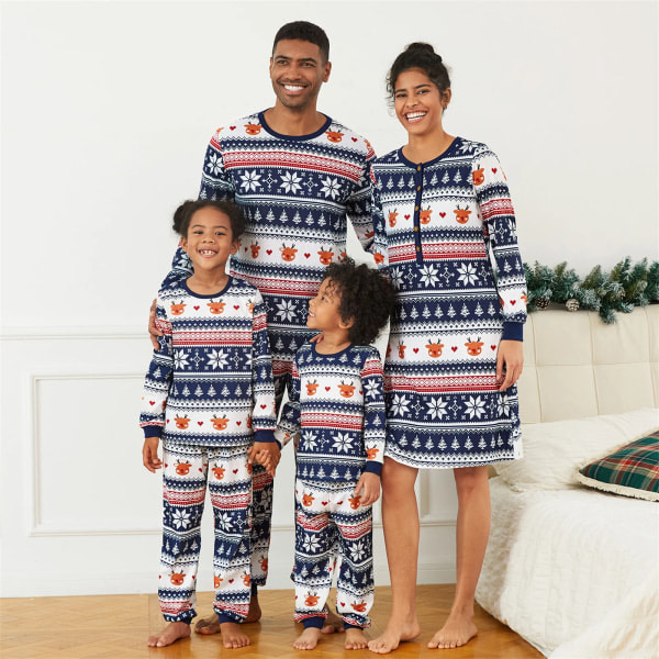 Julpyjamas för familjen med festtema, heltryckta, långärmade (flamsäkra) Mörkblå Kvinna L