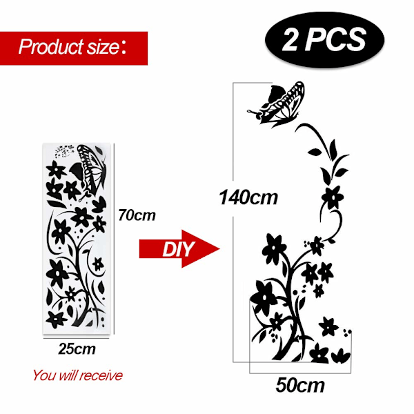Set med 2 väggdekaler, fjärilar och blommor, väggstickers, svart, självhäftande väggdekaler, väggdekoration för sovrum, vardagsrum