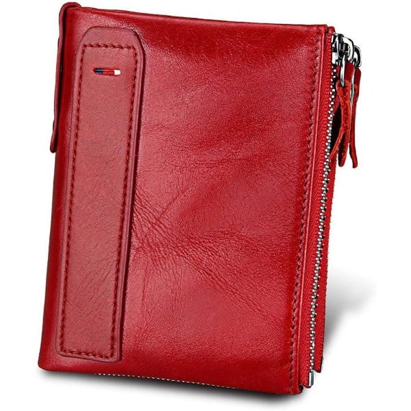 Steam Wallet Genuine Leather RFID Blocking Credit Card Holder/Large Coin Purse with Zipper (Red) Red