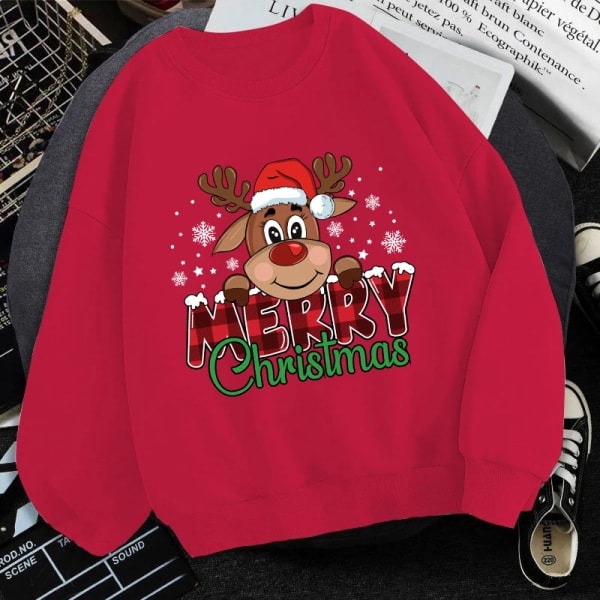 (Premium Sweatshirt) Söt Merry Christmas Tryckt Sweatshirt Kvinnor Höst Vinter Underbar Fleece Långärmad Herr Casual Rund Hals Röd XXL