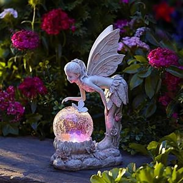 Solcellsbelyst ängel blomma älva prydnad kristallkula vingad flicka staty harts prydnad