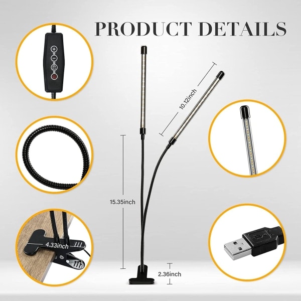 Full Spectrum LED Växtlampa för inomhusväxter, 2/3 Ljuslägen och 5/10 Dimbara nivåer, 3 Autotimerlägen, 2 Rör, Gul
