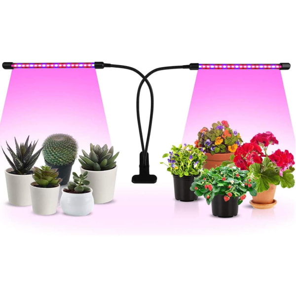 Full spectrum LED grow light for indoor plants, 2/3 light modes and 5/10 dimmable levels, 3 automatic timers, 2 tubes, red and blue