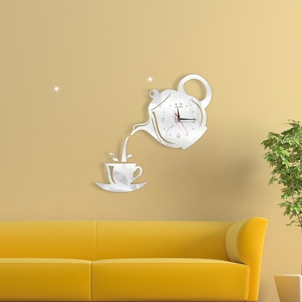 Modekreativ tekanna DIY akryl spegel väggdekoration vardagsrum sovrum klocka tyst klocka silverfärgad