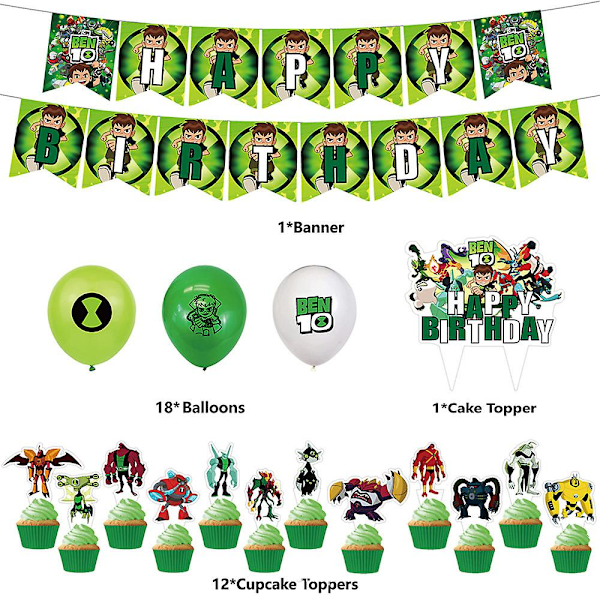 Ben 10 -teemainen lasten syntymäpäiväjuhlatarvikkeet - lippu, ilmapallot, kakun ja kupkaken koristeet