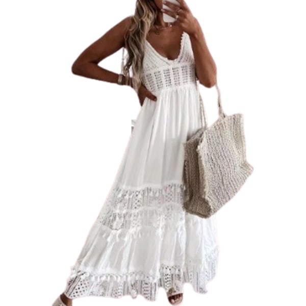 Women's Summer Slip Dress V-neck Lace Decorations Maxi A-line Ruffle Sleeveless Beach Casual Dress