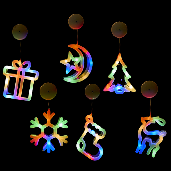 6 st LED-julklappsfönsterlampor Silhuettdekoration Upplyst Klocka-Träd-Rennärr-Snöflinga-Stjärna Batteridriven med Sugkopp