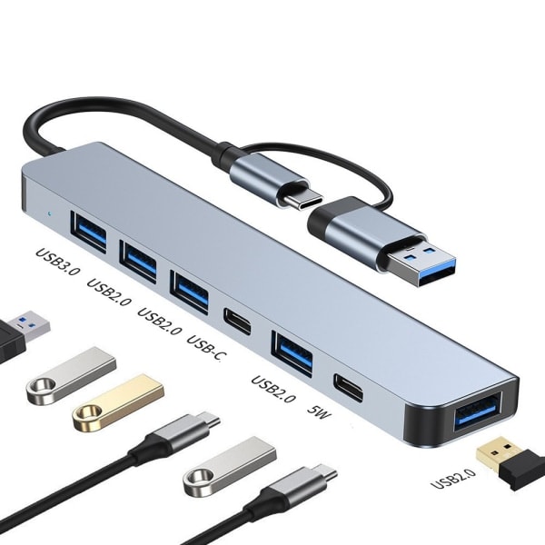 2-i-1 USB-C / USB-hub med 7 portar USB3.0 för Windows MacOS Grå