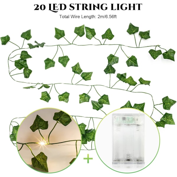 Stränglampor med blad, 2m Ivy String Lights, 20 LED-lampor, väggdekoration för vår, bröllop, fest, trädgårdsfestival