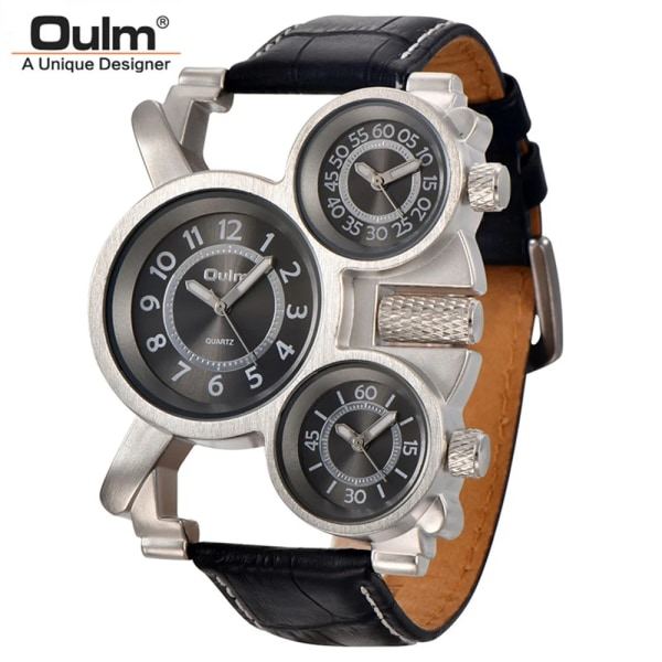 REMAKE Punk stil mænd ure Oulm 1167 Ny Retro Mand Kvarts Ur Unik 3 Tidszone Kvarts Ur Læder Mand Militær Armbåndsur sort