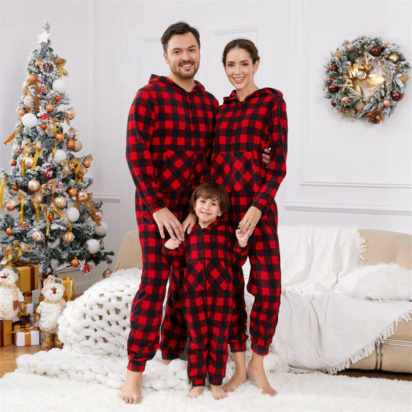 Julpyjamas för familjen - Röd Rutiga, Huva, Långärmad, Tjock Fleece, Dragkedja (Flamsäker) Röd/Svart Kvinna S