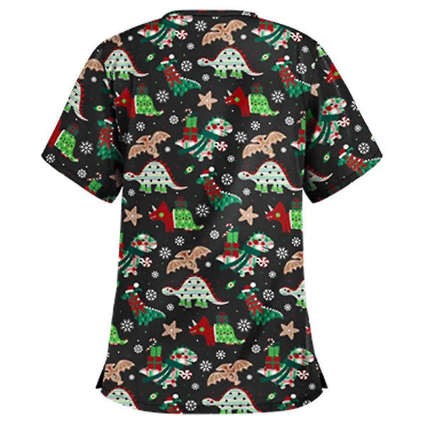 Jule-Sygeplejerske Uniform Scrub Kortærmet T-shirt Jule-Blouse Tee Tops XL Dinosaur Sort