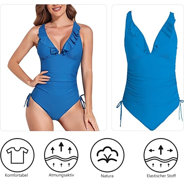 Dam Monokini med V-ringning, Rynkad, Push-Up, Blå, Storlek L