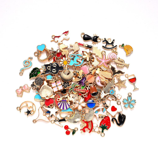 REMAKE 100 st Blandade Sortiment Guldförgyllda Emalj Djur Frukt Måne Stjärna Delikat Hängande Charm Berlock för DIY Smyckestillverkning Halsband...