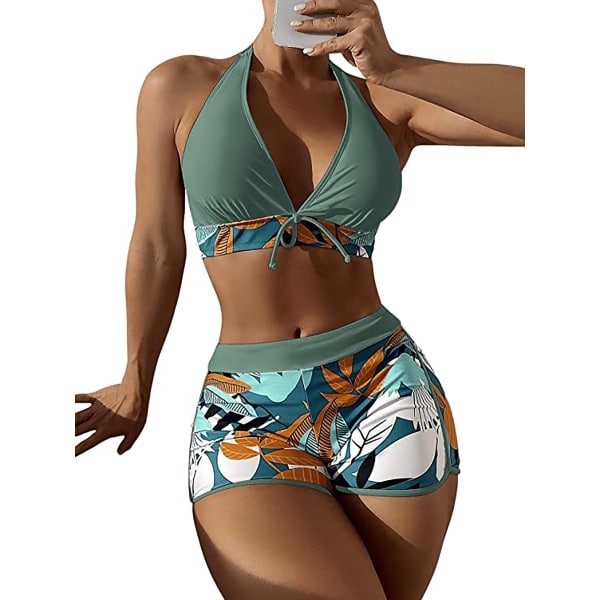 Bikinin setti halter-kauluksella ja lehtikuviolliset shortsit, vihreä XL