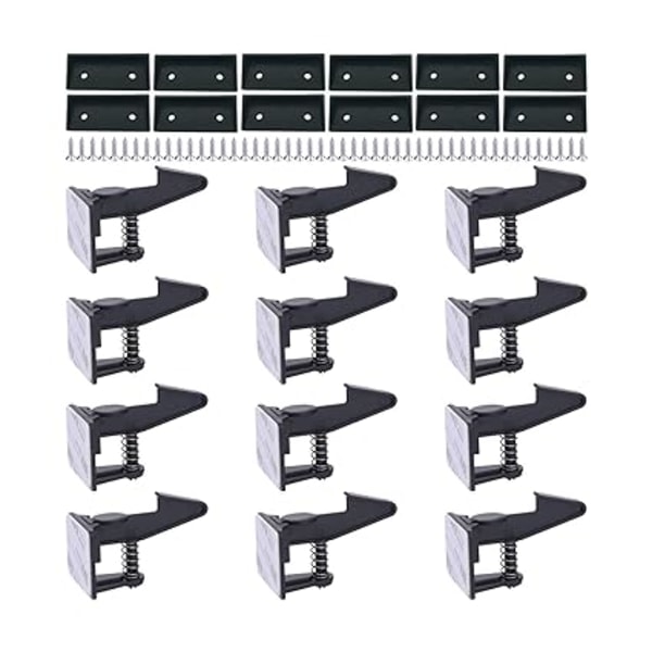 REMAKE Cabinet Locks Child Safety Latches -12-Pack (Black) Baby Drawer Locks Self Adhesive Latch for Kids Safety Drawers No Drilling Tools Needed