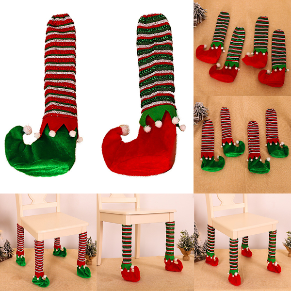 Randiga Tomtefotssockor 4-pack Julstolsbensöverdrag Bordstolsbensöverdrag Julmöbler Bensockor Semestergolvskydd Grön