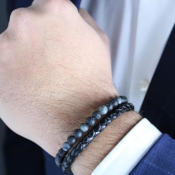 Fars Dag vulkansk sten i læder 21cm Original armbånd til mænd lavet af 6mm natur