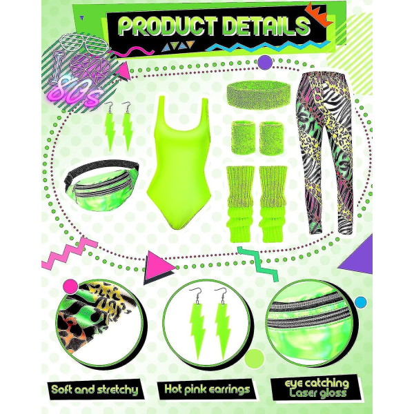 REMAKE 7-delad 80-tals träningsdräkt 80-tals accessoarset 80-tals 90-tals trikå leggings pannband handledsvärmare örhängen magväska Ljus Zebra XX-Stor