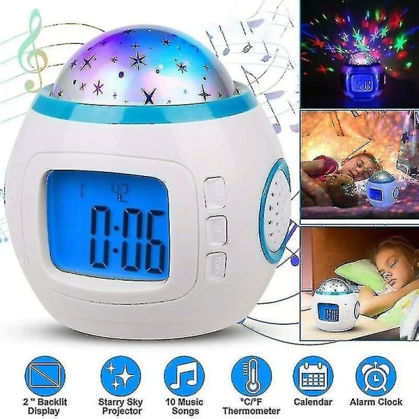 Väckarklocka för barn med stjärnhimmelsprojektion, musik, LCD-digital display