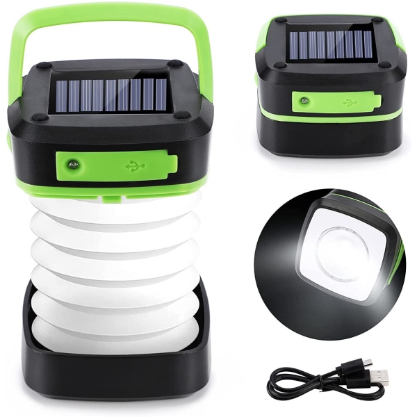 Campinglampa, sol- och USB-laddningsbar LED-campinglampa, bärbar hopfällbar tältlampa, 3 lägen, nödlampa och powerbank