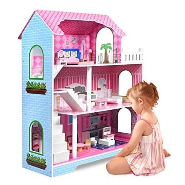 NAIZY Dockhus för barn 70x60x24cm Rosa Barbie House 3 våningar DIY Mobile House Dream Villa