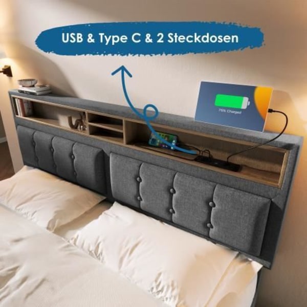 NAIZY Dubbelsäng 140x200cm, 4 lådor, USB, justerbar sänggavel Grå (med madrass)