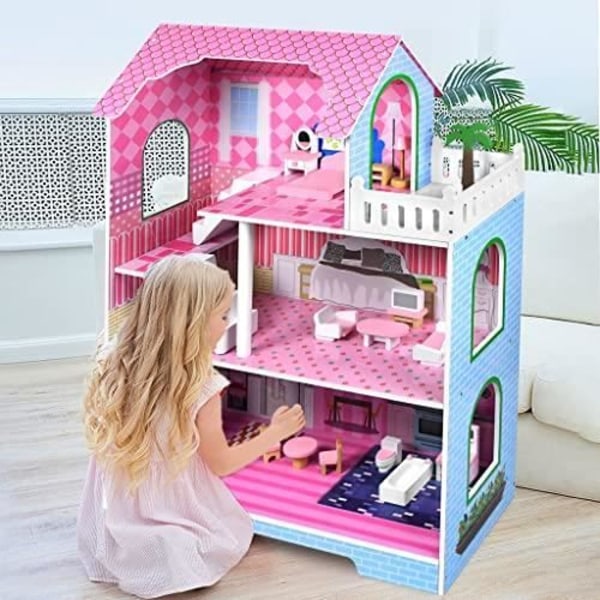 NAIZY Dockhus för barn 70x60x24cm Rosa Barbie House 3 våningar DIY Mobile House Dream Villa