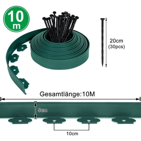 NAIZY 10m flexibel trädgårdsbård gjord av PP-plast med fästspik Bäddkanthöjd 5 cm för trädgård, grön