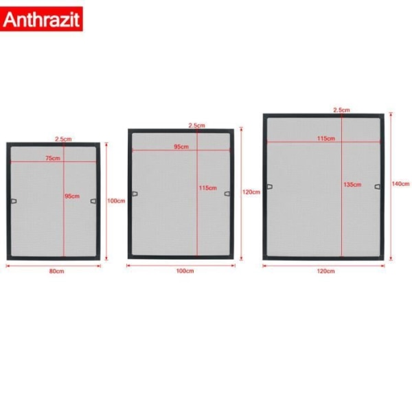 NAIZY 100 x 120 cm Myggnät för fönster med aluminiumram - Myggnät för fönster utan borrning eller skruv - Antracit