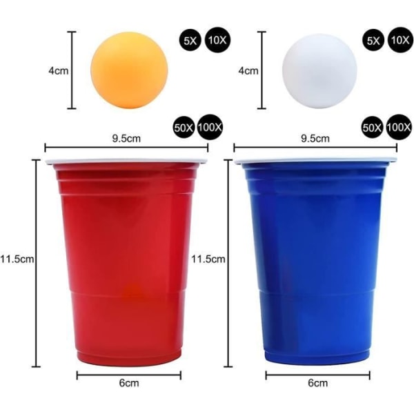 Drickspel NAIZY Beer Pong Set - 50 röda koppar + 50 blå koppar - Återanvändbar med 10 bollar