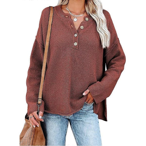 Damknäppt V-ringad Långärmad Tröja Våffelstickad Pullover för Höst Vinter Brun 2XL Brwon XL