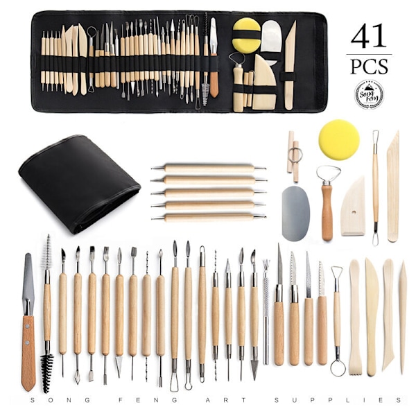 41-delt sæt rulle taske blød ler plastik hjælpe udskæring kniv spids pen bore keramik værktøj 41-delt sæt + foldbar opbevaringstaske