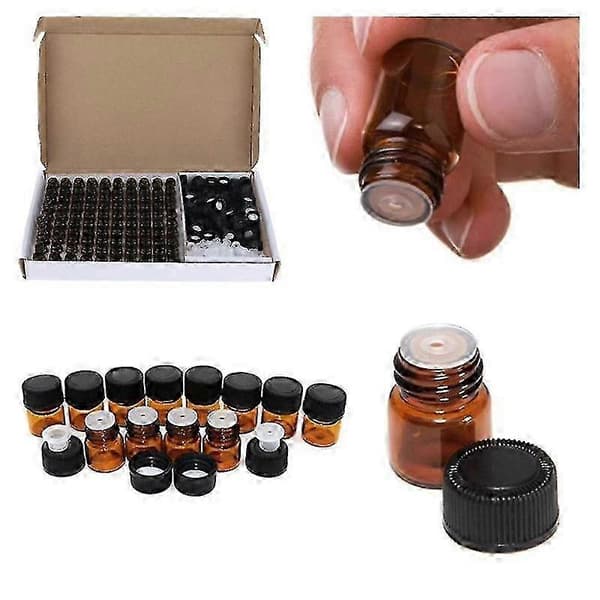100 st 1ml 2ml 3ml Bärnstensfärgade Glasflaskor, Mini Eterisk Oljeflaskor Med Reducerare & Svart Plastlock 2ml 1ml