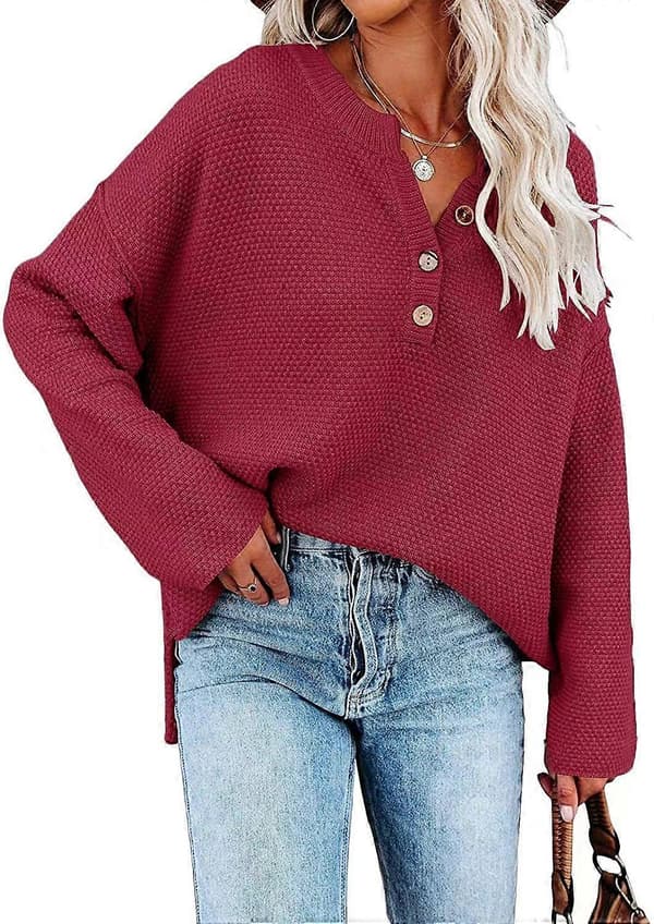 Dame V-hals Langærmet Sweater Vaffelstrikket Pullover med Knapper til Efterår Vinter Pulm XL Pulm M